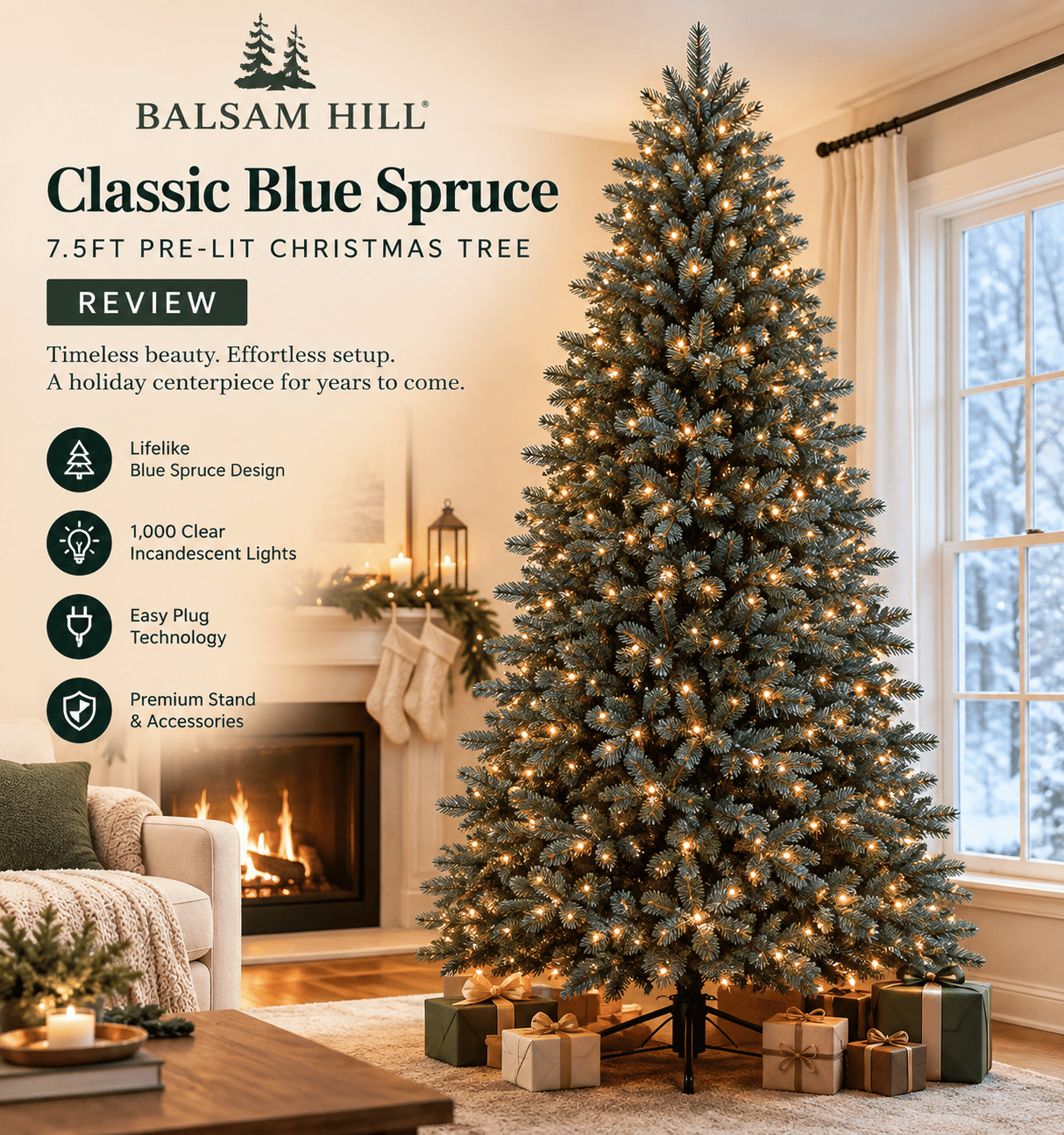 Balsam Hill 7.5ft Pre-Lit Classic Blue Spruce Christmas Tree with 1,000 clear incandescent lights in a cozy, elegant holiday living room