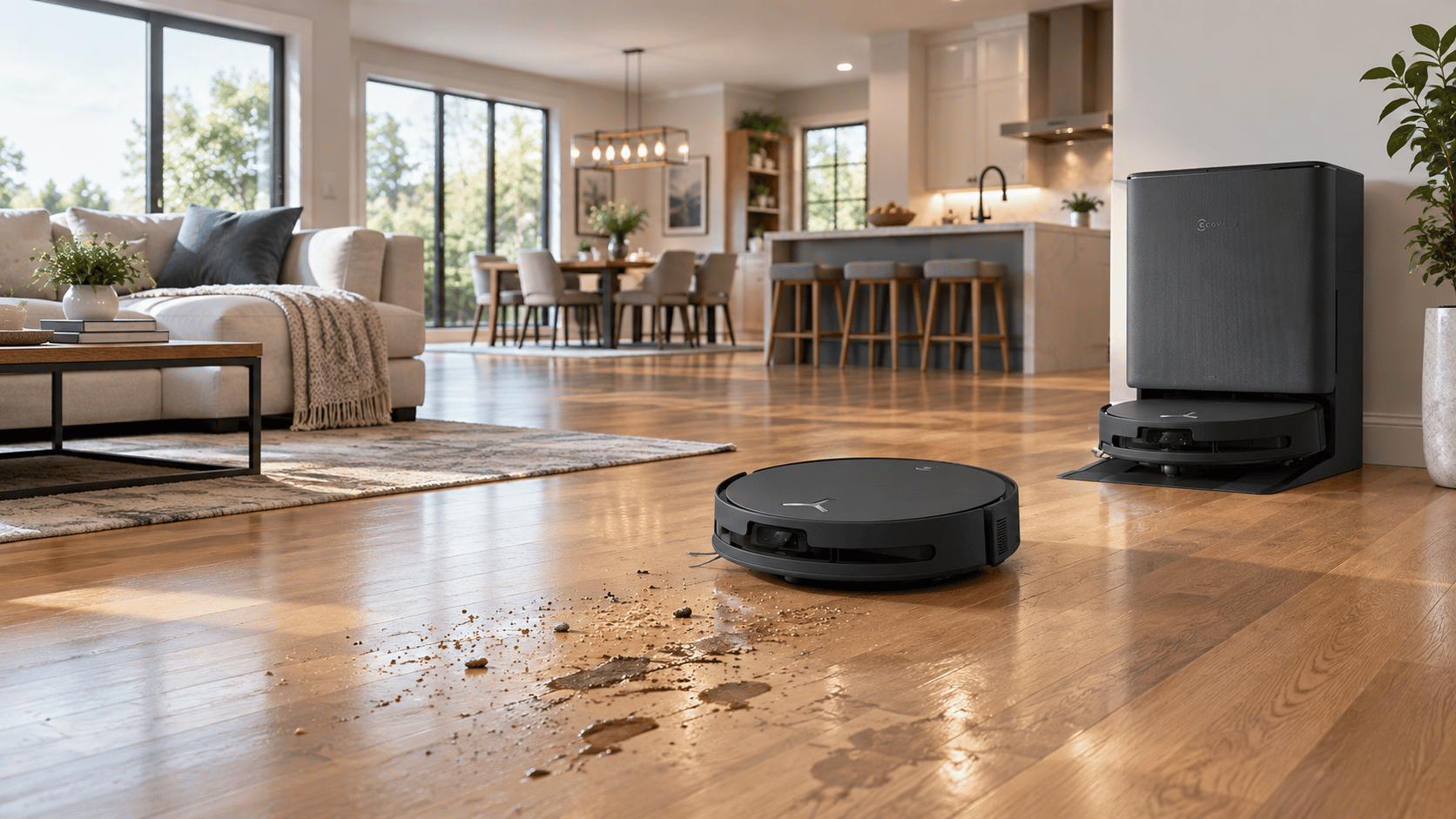 ECOVACS DEEBOT T90 PRO OMNI robot vacuum approaching everyday debris on a hard floor in a spacious home